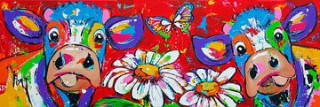 Vrolijk Koeien | Bloemenmeisjes | Panorama van Vrolijk Schilderij