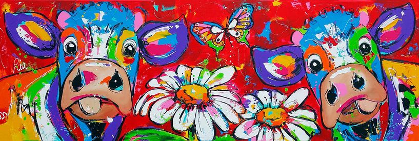 Vrolijk Koeien | Bloemenmeisjes | Panorama van Vrolijk Schilderij