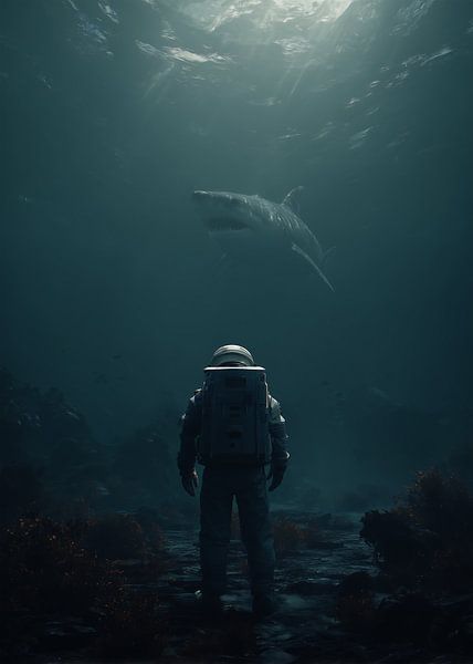Silent depths - astronaut and shark by HyggeHavn
