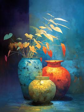 Vasenblätter | Blue Vase Leaves von Blickfänger Gemälde