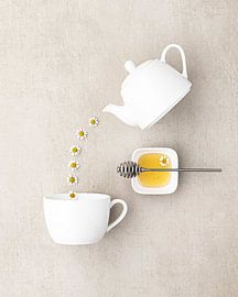 Still life with a white teapot, a cup, chamomile flowers and a honey dip by Lucyna Smulders Photography