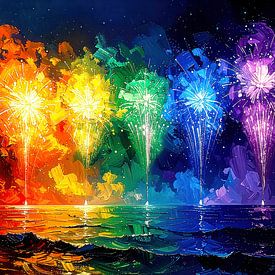 Fireworks of diversity: Pride's pastose play of colours over a calm ocean of expectation and new beginnings by AidasignArt