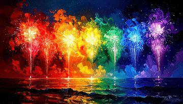 Feuerwerk der Vielfalt: Pastoses Farbenspiel der Pride über stillem Ozean von Erwartung und Neubeginn von AidasignArt