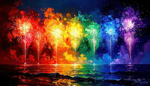 Vuurwerk van diversiteit: Pride's pastose kleurenspel boven een kalme oceaan van verwachting en nieuw begin