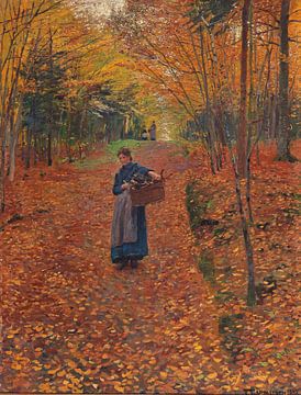 Friedrich Kallmorgen, Vrouw die hout sprokkelt in het herfstbos, 1893