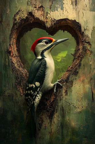 Specht in hartvormige boom