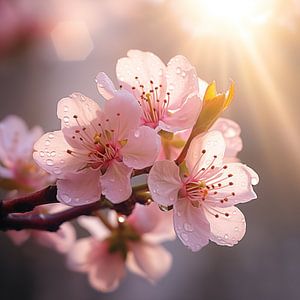 Bloesem kunstwerk vierkant zonnig kersenbloesem bloem roze zon natuurlijk van Studio Nicolette