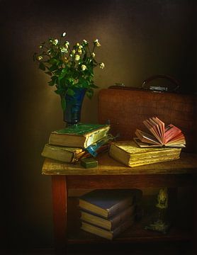 Still life with books and flowers. Stylized photograph. by Mykhailo Sherman