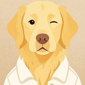 Wandbild: Verspielter, zwinkernder Golden Retriever im weißen Laborkittel – humorvolles, professionelles Tierporträt von MIROKKU