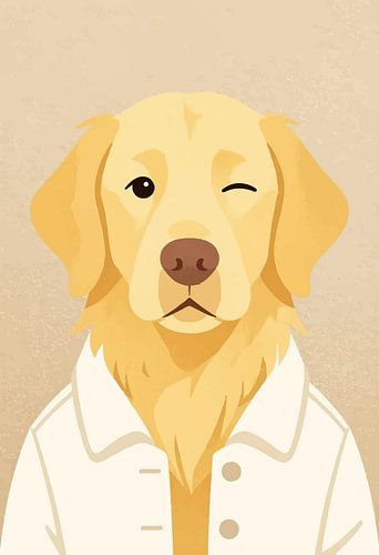 Wandbild: Verspielter, zwinkernder Golden Retriever im weißen Laborkittel – humorvolles, professionelles Tierporträt von MIROKKU