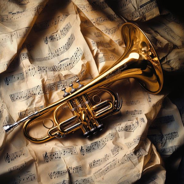 Shiny trumpet on sheet music by Poster Art Shop