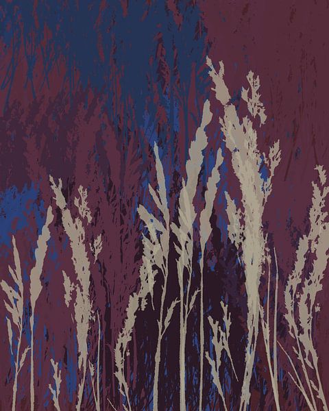 Grass in white, cobalt blue, purple I. Modern botanical art. by Dina Dankers