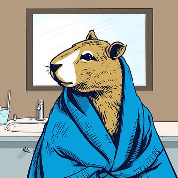 Badkamerbeesten: Illustratie van een Capibara met badjas in de badkamer van Iets Anders