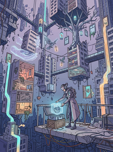 Surrealistische cyberpunk-architectuur: grafische illustratie van een stadsgezicht in virtual reality
