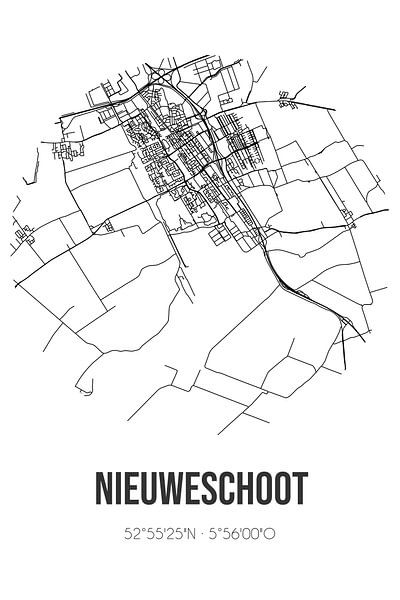Nieuweschoot (Fryslan) | Landkaart | Zwart-wit van Stad & Wand
