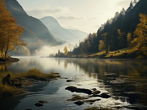 Fog at the mountain lake