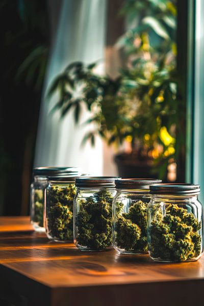 Jars of cannabis in natural light by Poster Art Shop