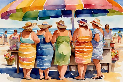 Gezellige dames rondom een ijscotent op het strand