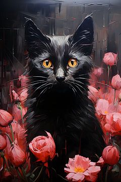 Schwarze Katze mit Wildblumen von ColorCat