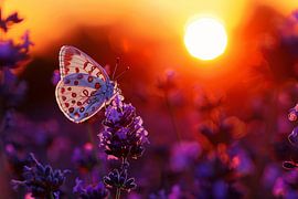Vlinder rust op lavendel in oranje zonsondergang van Art & Soul Creations