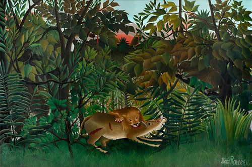 De hongerige leeuw die een antilope aanvalt, Henri Rousseau