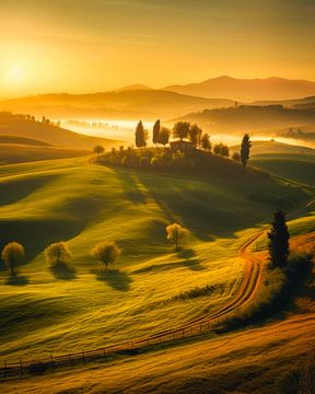 Toscaans landschap met glooiende heuvels zonsondergang van René van den Berg