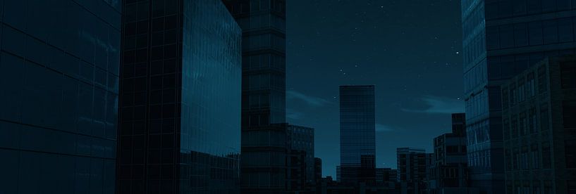 Cityscape with skyscrapers and tall buildings at night by Besa Art
