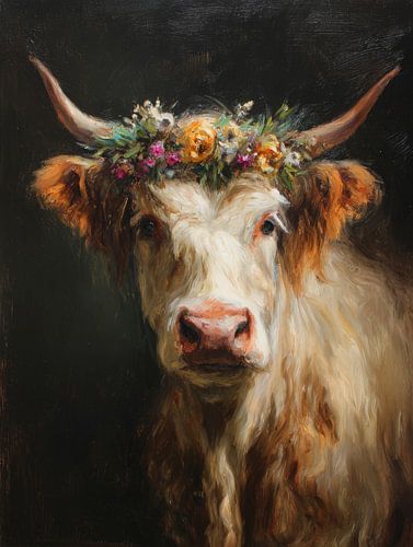 Schottischer Highlander mit Blumengirlande in dunklem Licht von But First Framing