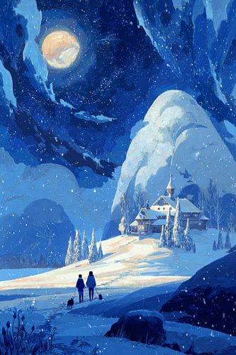 Moonlight over snow-covered mountain landscape by Eva Lee