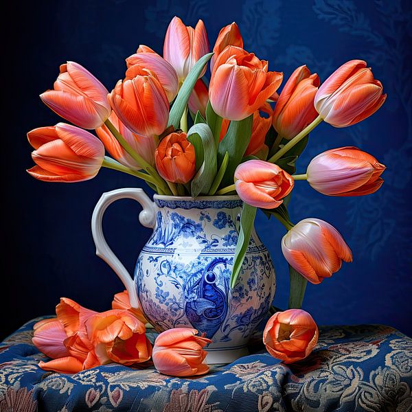 Tulips still life in Delft Blue vase by Vlindertuin-Art