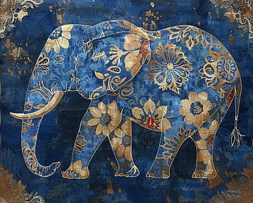 Malerei Elefant Blau Gold von Abstraktes Gemälde