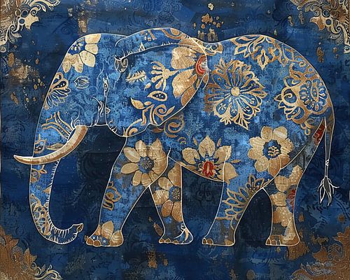 Painting Elephant Blue Gold