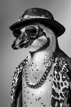 Pinguïn in zwart en wit met hoed en bril van Felix Brönnimann
