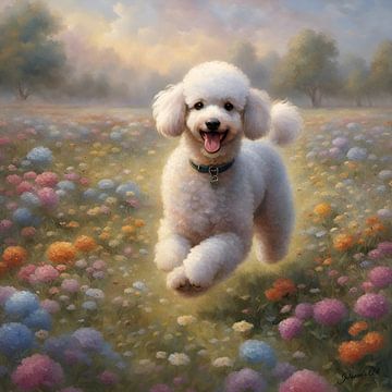 Caniche jouant dans un champ de fleurs sur Johanna's Art