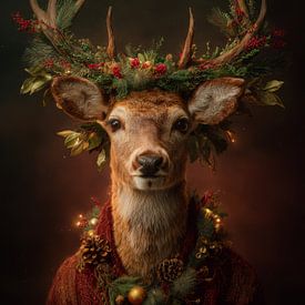 Portrait de cerf atmosphérique avec couronne festive et look chaleureux de Noël sur But First Framing