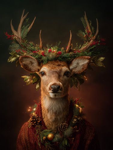 Portrait de cerf atmosphérique avec couronne festive et look chaleureux de Noël