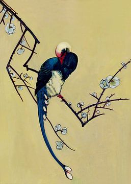 Vogel op een tak in bloei. Japanse kunst