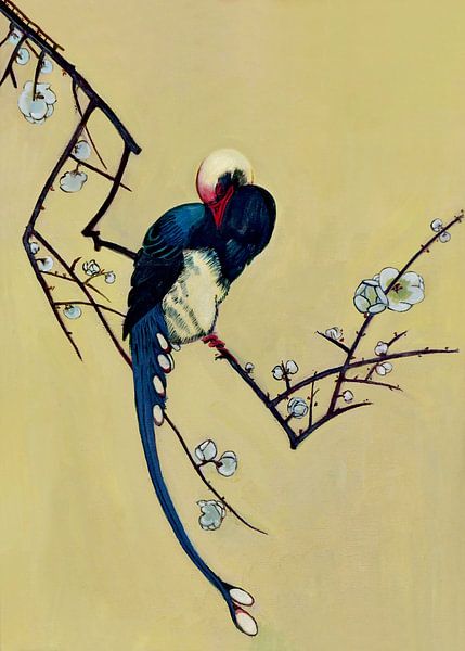Vogel op een tak in bloei. Japanse kunst van David Morales Izquierdo