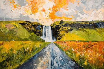 Kleurrijk schilderij van landschap met waterval van De Muurdecoratie