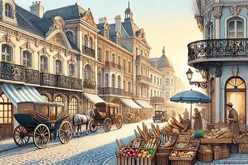 Belle-Époque-Markt - Straßenszene mit Kutschen und Bäckereistand von Kleurenrijk