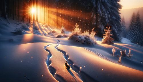 Golden winter twilight in the enchanted snowy valley