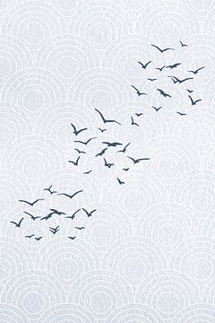Japandi. Abstract landschap in blauw met vogels op Japans bullseye patroon van Dina Dankers