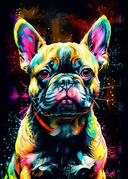 Franse buldog neon aquarelschilderij – Moderne hondenkunst voor aan de muur