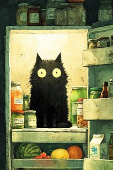 Un chat noir dans le réfrigérateur