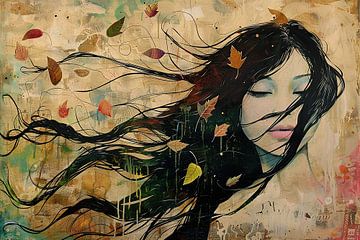 Herfstvrouw | Fallen Leaves, Whispered Secrets van Abstract Schilderij