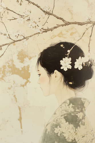Blossom Silence – A modern portrait of a woman with cherry blossom by Bianca ter Riet