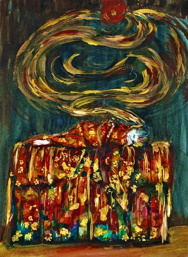 Jeune fille japonaise faisant des rêves d'or. Aquarelle peinte à la main