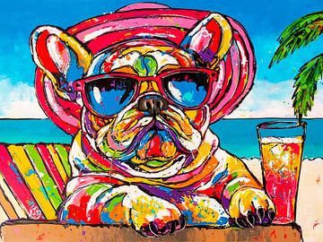 Fröhliche Bulldogge am Strand: von Happy Paintings