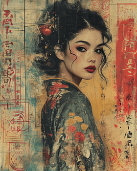 Mixed media collage "Asian girl"