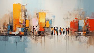 Abstract schilderij in de stad met winkelcentrum mensen, huis, straat kleur, aquarel kunst ontwerp van Animaflora PicsStock